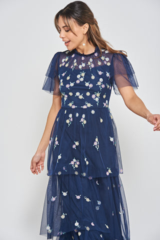 Frock & Frill Jemima Navy Daisy Embroidered Tiered Maxi Dress