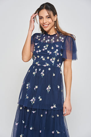 Frock & Frill Jemima Navy Daisy Embroidered Tiered Maxi Dress