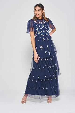 frock & frill Jemima Navy Daisy Embroidered Tiered Maxi Dress
