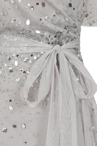 Frock & Frill Joyce Grey Embellished Wrap Front Dress