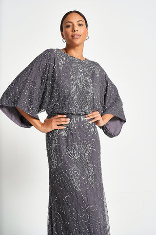 Frock & Frill Judith Charcoal Embellished Maxi Dress With Batwing Sleeves