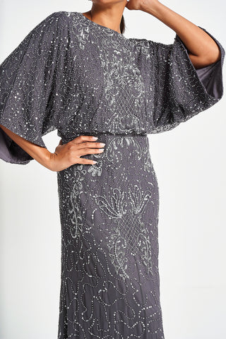 Frock & Frill Judith Charcoal Embellished Maxi Dress With Batwing Sleeves