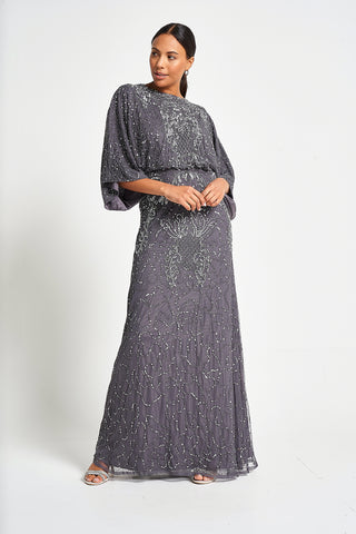 frock & frill Judith Charcoal Embellished Maxi Dress with Batwing Sleeves