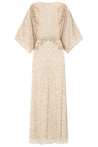Frock & Frill Judith Cream Embellished Maxi Dress With Batwing Sleeves