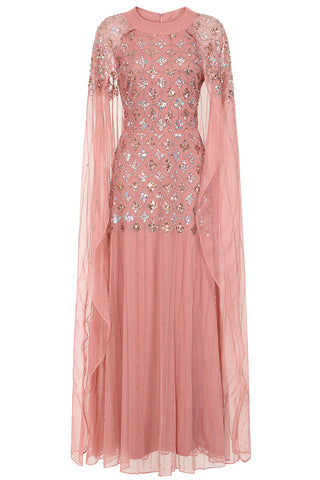 Frock & Frill Kezia Pink Embellished Cape Sleeve Maxi Dress