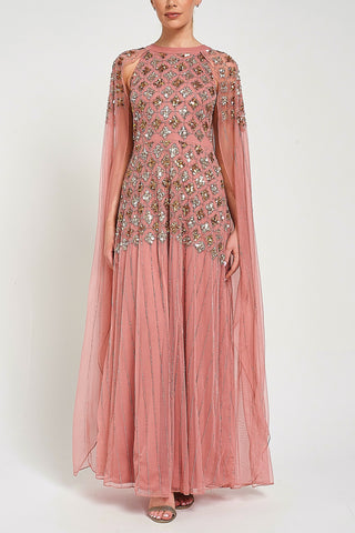 Frock & Frill Kezia Pink Embellished Cape Sleeve Maxi Dress