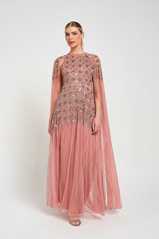 Frock & Frill Kezia Pink Embellished Cape Sleeve Maxi Dress