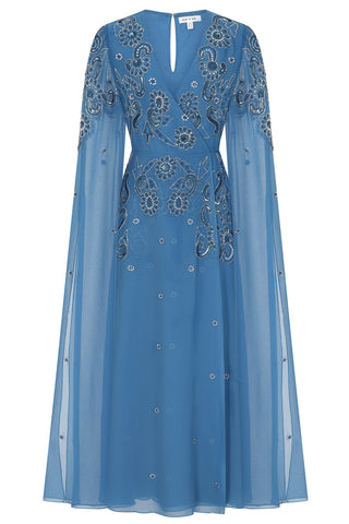 Frock & Frill Laelia Blue Flower Embellished Maxi Dress With Cape Sleeves