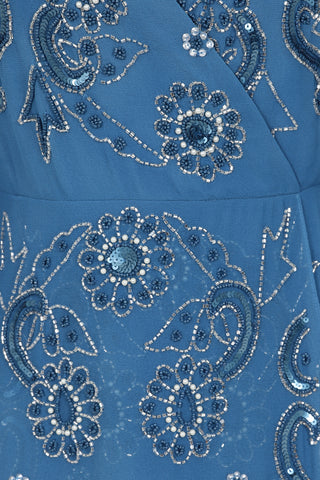 Frock & Frill Laelia Blue Flower Embellished Maxi Dress With Cape Sleeves