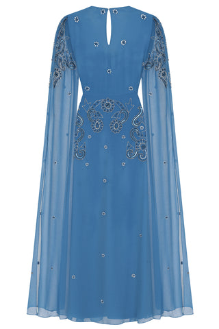 Frock & Frill Laelia Blue Flower Embellished Maxi Dress With Cape Sleeves