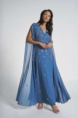 frock & frill Laelia Blue Flower Embellished Maxi Dress with Cape Sleeves