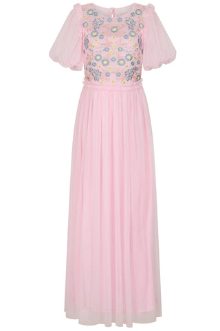 Frock & Frill Laraline Blush Puff Sleeve Maxi Dress With Floral Embroidery