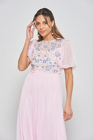 Frock & Frill Laraline Blush Puff Sleeve Maxi Dress With Floral Embroidery
