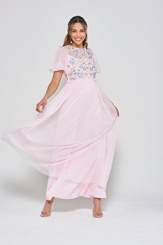 Frock & Frill Laraline Blush Puff Sleeve Maxi Dress With Floral Embroidery