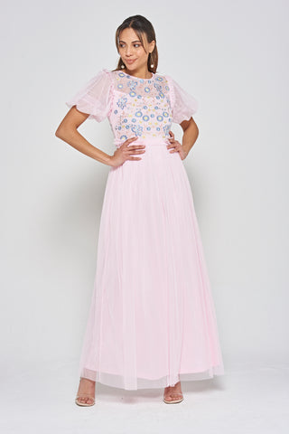 frock & frill Laraline Blush Puff Sleeve Maxi Dress with Floral Embroidery