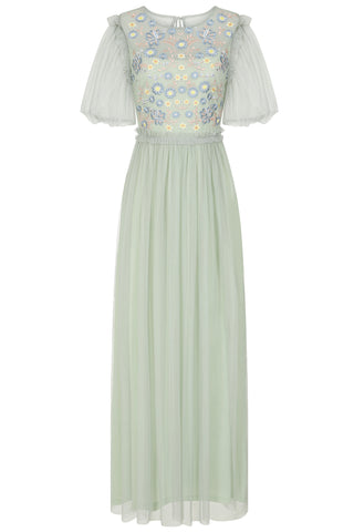 Frock & Frill Laraline Green Puff Sleeve Maxi Dress With Floral Embroidery