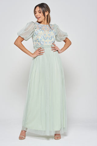 Frock & Frill Laraline Green Puff Sleeve Maxi Dress With Floral Embroidery