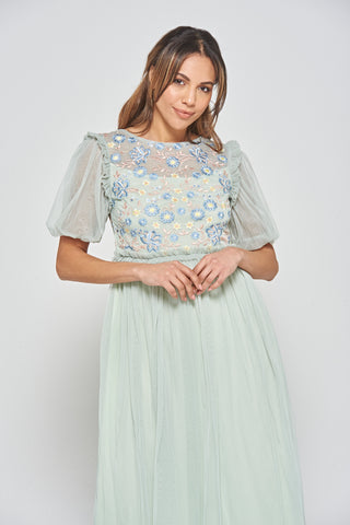 Frock & Frill Laraline Green Puff Sleeve Maxi Dress With Floral Embroidery