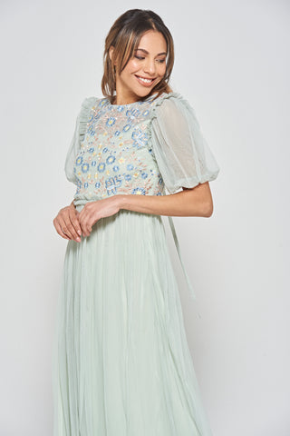 frock & frill Laraline Green Puff Sleeve Maxi Dress with Floral Embroidery