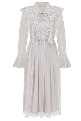 Frock & Frill Lark Grey Ruffle And Lace Pussybow Midi Dress