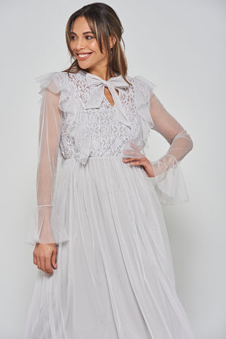 Frock & Frill Lark Grey Ruffle And Lace Pussybow Midi Dress