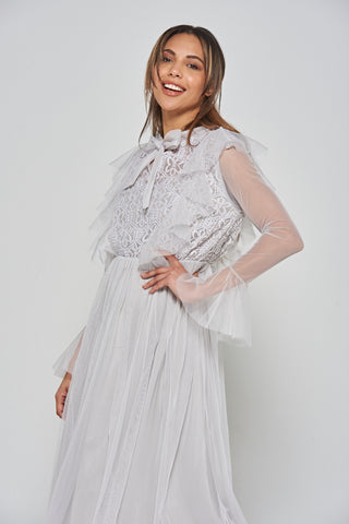 Frock & Frill Lark Grey Ruffle And Lace Pussybow Midi Dress