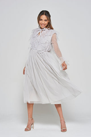 frock & frill Lark Grey Ruffle and Lace Pussybow Midi Dress