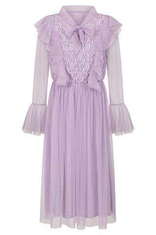 Frock & Frill Lark Lilac Ruffle And Lace Pussybow Midi Dress
