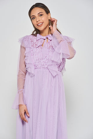 Frock & Frill Lark Lilac Ruffle And Lace Pussybow Midi Dress