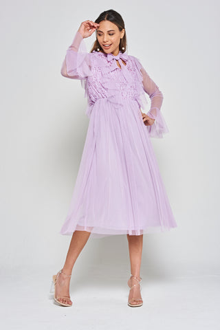 Frock & Frill Lark Lilac Ruffle And Lace Pussybow Midi Dress