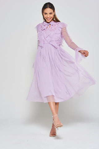 frock & frill Lark Lilac Ruffle and Lace Pussybow Midi Dress