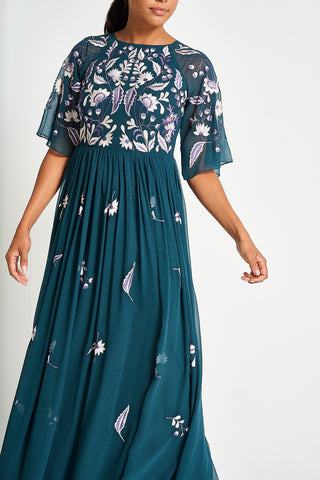 Frock & Frill Laurel Teal Floral Embroidered Maxi Dress