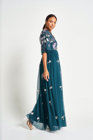 Frock & Frill Laurel Teal Floral Embroidered Maxi Dress