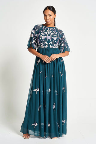 frock & frill Laurel Teal Floral Embroidered Maxi Dress
