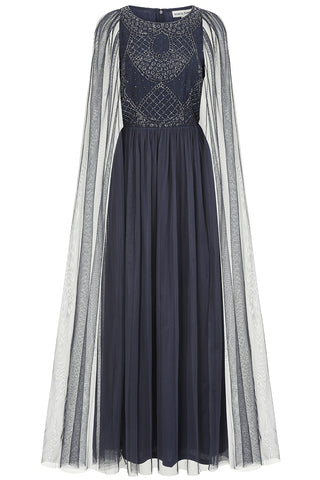 Frock & Frill Leona Navy Embellished Cape Sleeve Maxi Dress