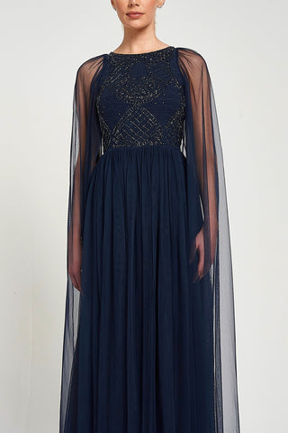 Frock & Frill Leona Navy Embellished Cape Sleeve Maxi Dress
