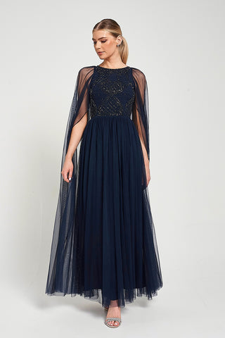 Frock & Frill Leona Navy Embellished Cape Sleeve Maxi Dress