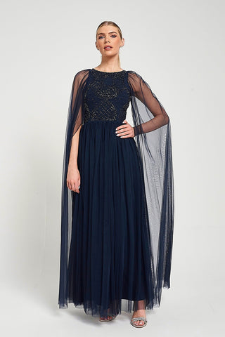frock & frill Leona Navy Embellished Cape Sleeve Maxi Dress