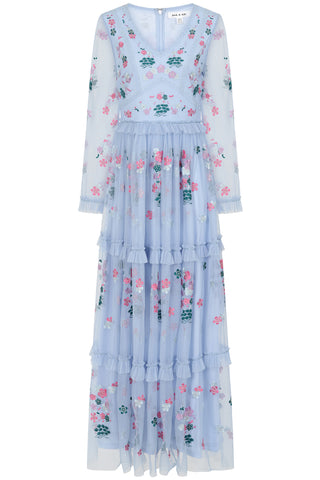 frock & frill Linnea Light Blue Floral Embroidered Maxi Dress