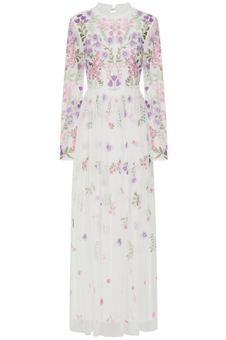 Frock & Frill Lorea White Floral Embroidered Maxi Dress