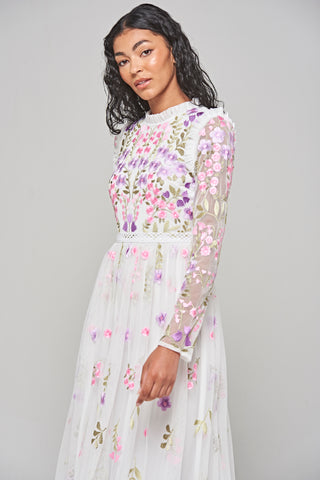 Frock & Frill Lorea White Floral Embroidered Maxi Dress