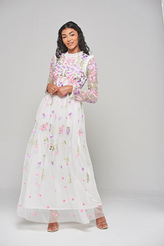 Frock & Frill Lorea White Floral Embroidered Maxi Dress