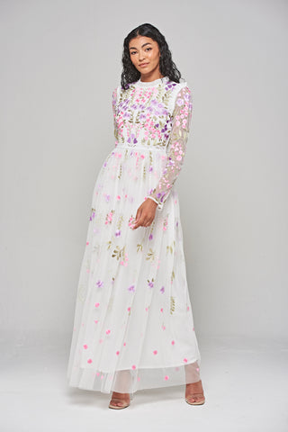 frock & frill Lorea White Floral Embroidered Maxi Dress