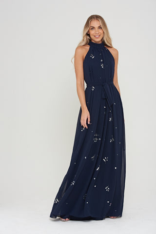 Frock & Frill Lucille Embellished Halter Neck Maxi Dress
