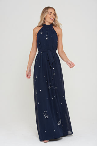 Frock & Frill Lucille Embellished Halter Neck Maxi Dress