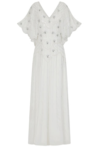 Frock & Frill Luella White Embellished Cape Sleeve Maxi Dress