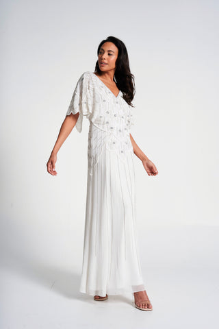 Frock & Frill Luella White Embellished Cape Sleeve Maxi Dress