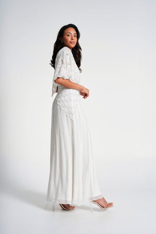Frock & Frill Luella White Embellished Cape Sleeve Maxi Dress