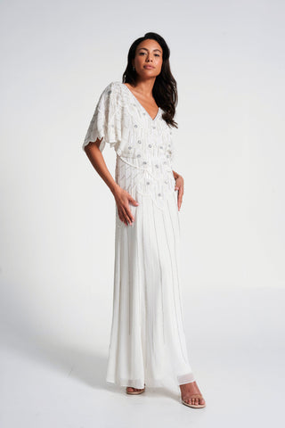 frock & frill Luella White Embellished Cape Sleeve Maxi Dress
