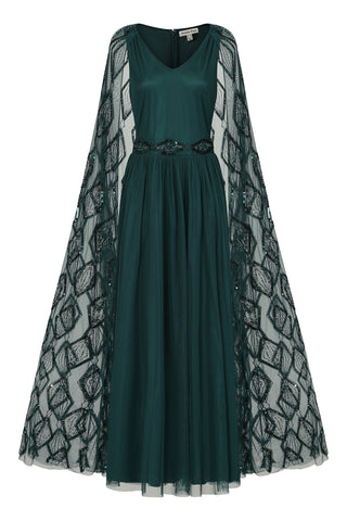 Frock & Frill Mae Teal Green Embellished Cape Sleeve Maxi Dress